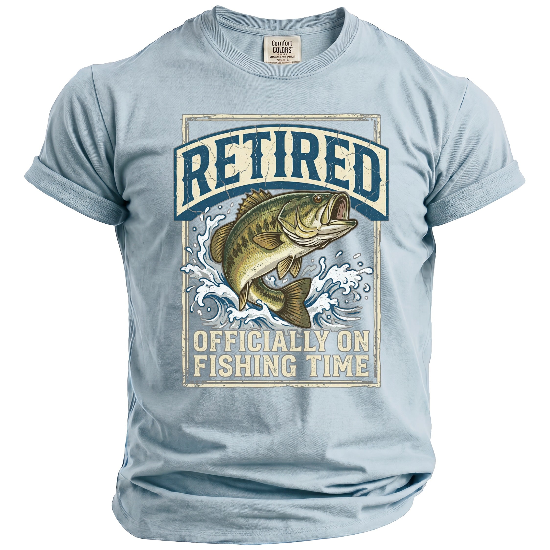 Light blue t-shirt with bass jumping out of water graphic and "RETIRED OFFICIALLY ON FISHING TIME" text.