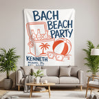 "Bach Beach Party" tapestry with cooler, palm tree, beach ball, and sunglasses.