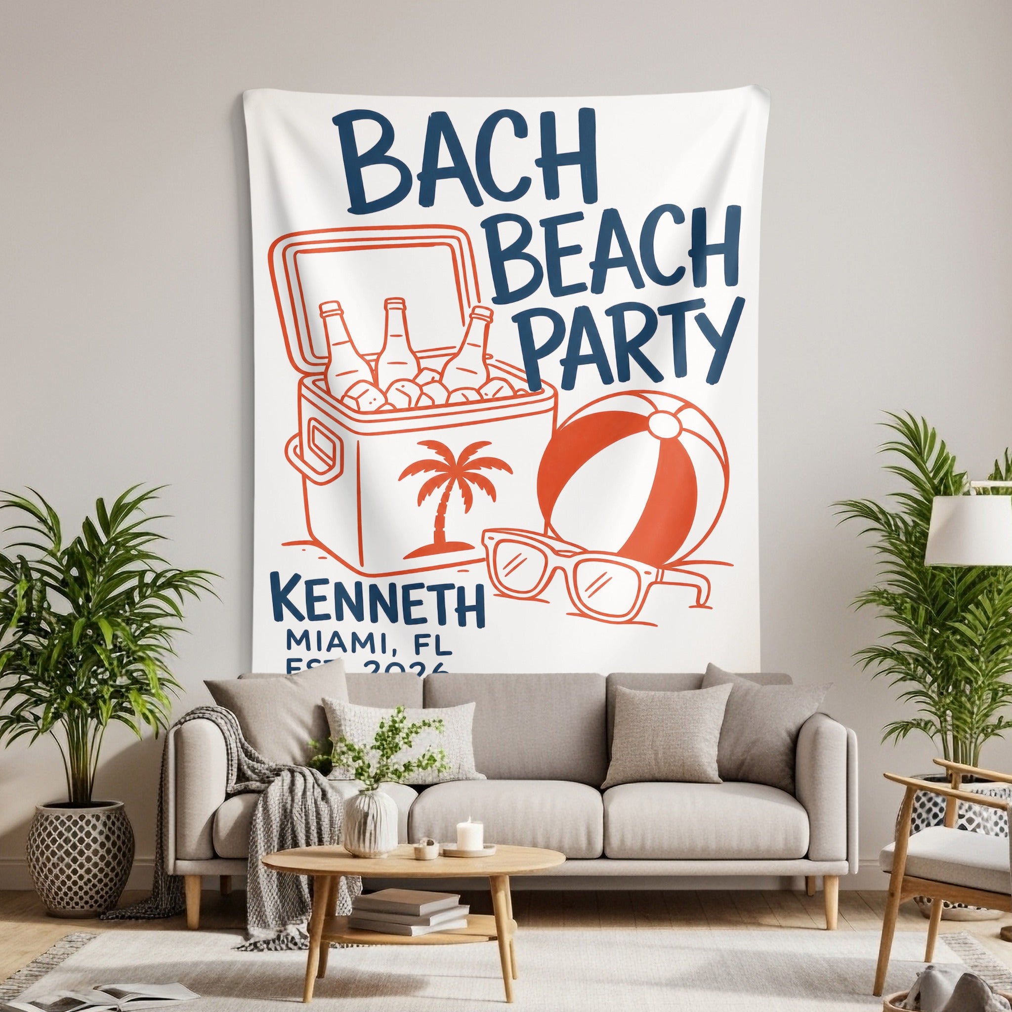 "Bach Beach Party" tapestry with cooler, palm tree, beach ball, and sunglasses.