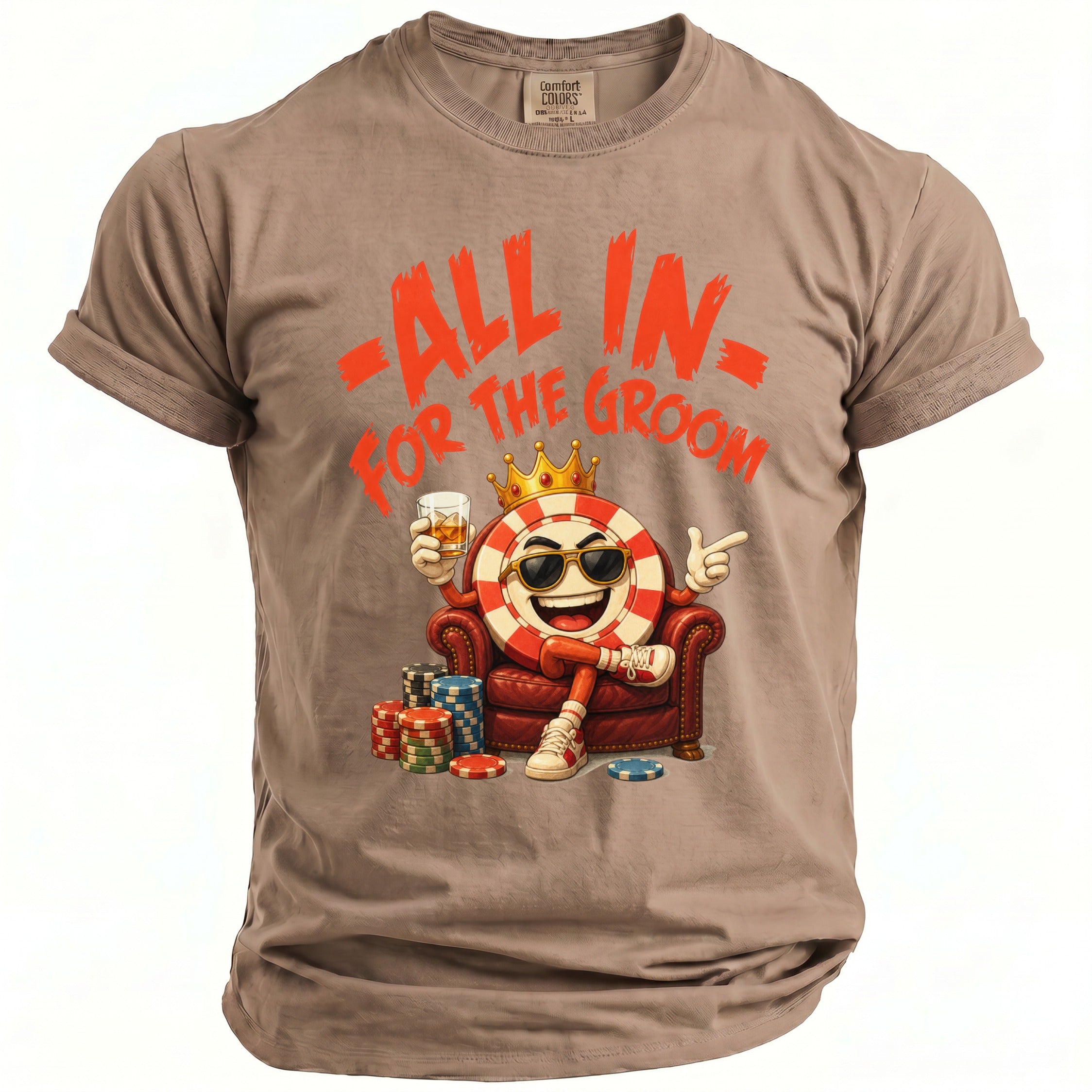 T-shirt with "ALL IN FOR THE GROOM" text and cartoon poker chip character.