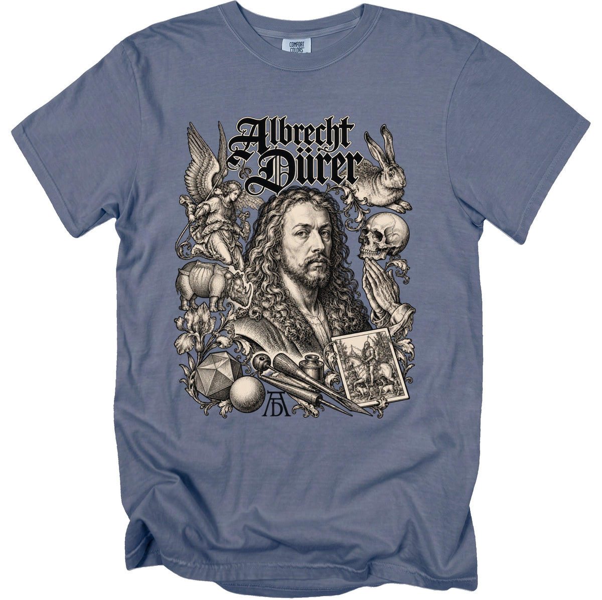 Albrecht Dürer portrait with allegorical figures, geometric shapes, and artistic tools.