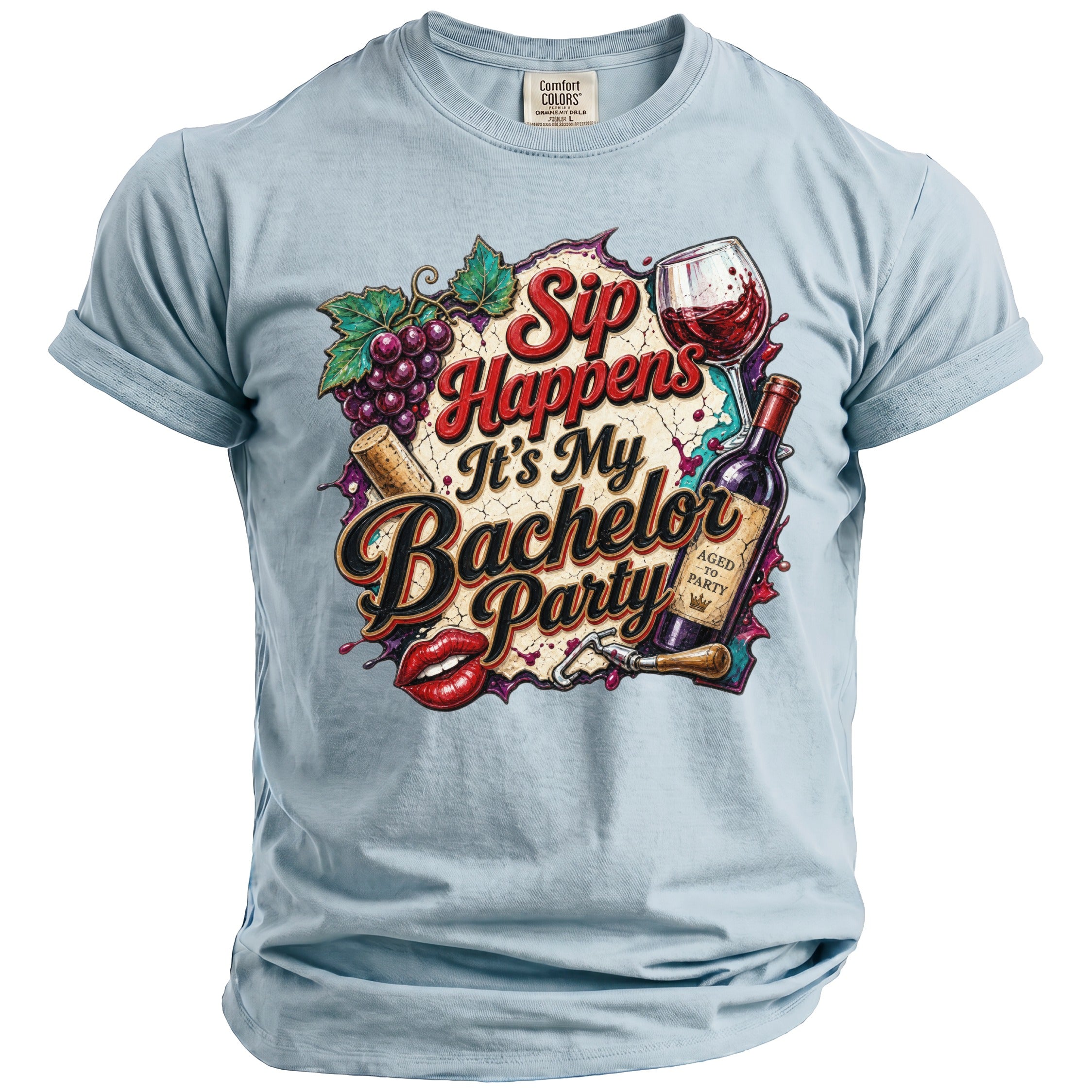 Light blue t-shirt with "Sip Happens It's My Bachelor Party" graphic.