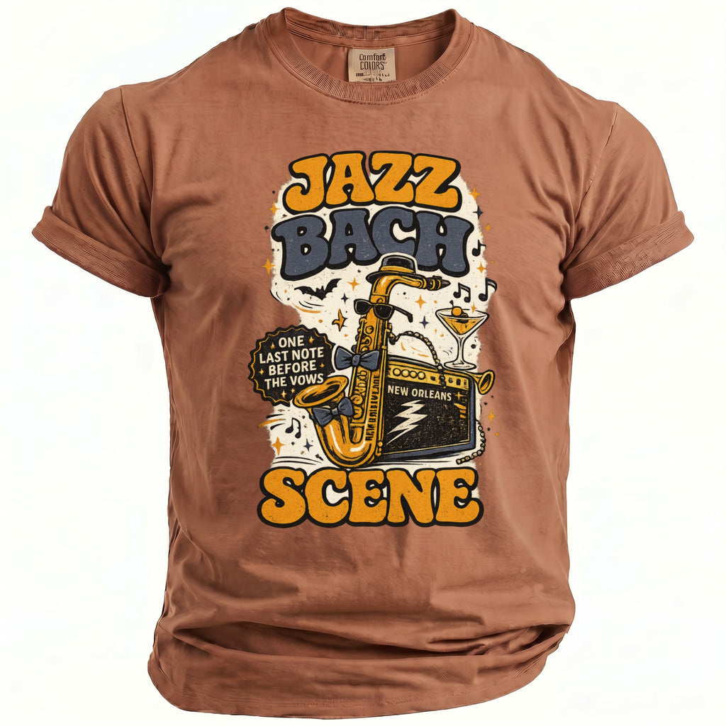 Brown t-shirt with "Jazz Bach Scene" text, saxophone, martini, and "New Orleans" graphic.
