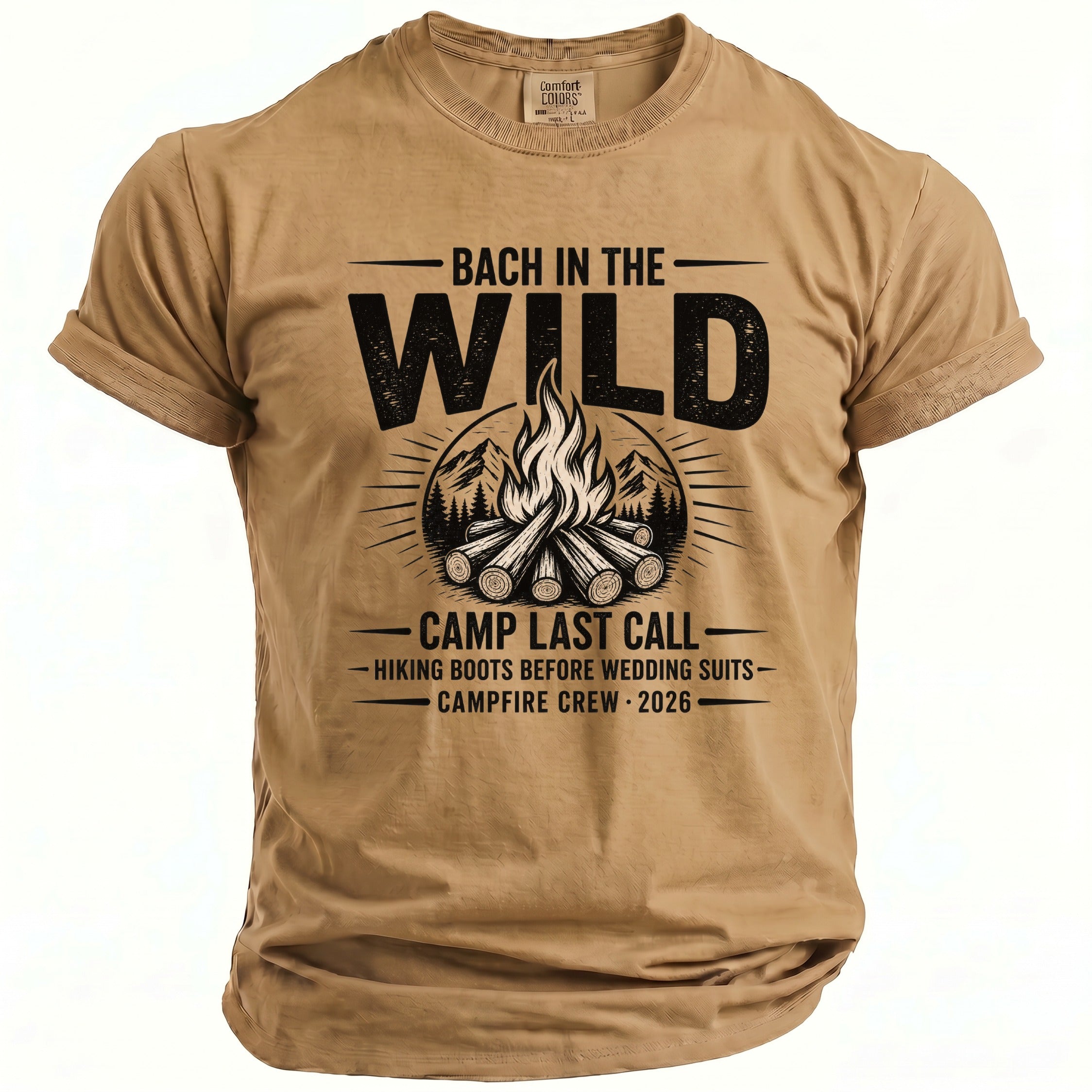 Tan t-shirt with "Bach in the Wild" graphic featuring campfire and mountains.
