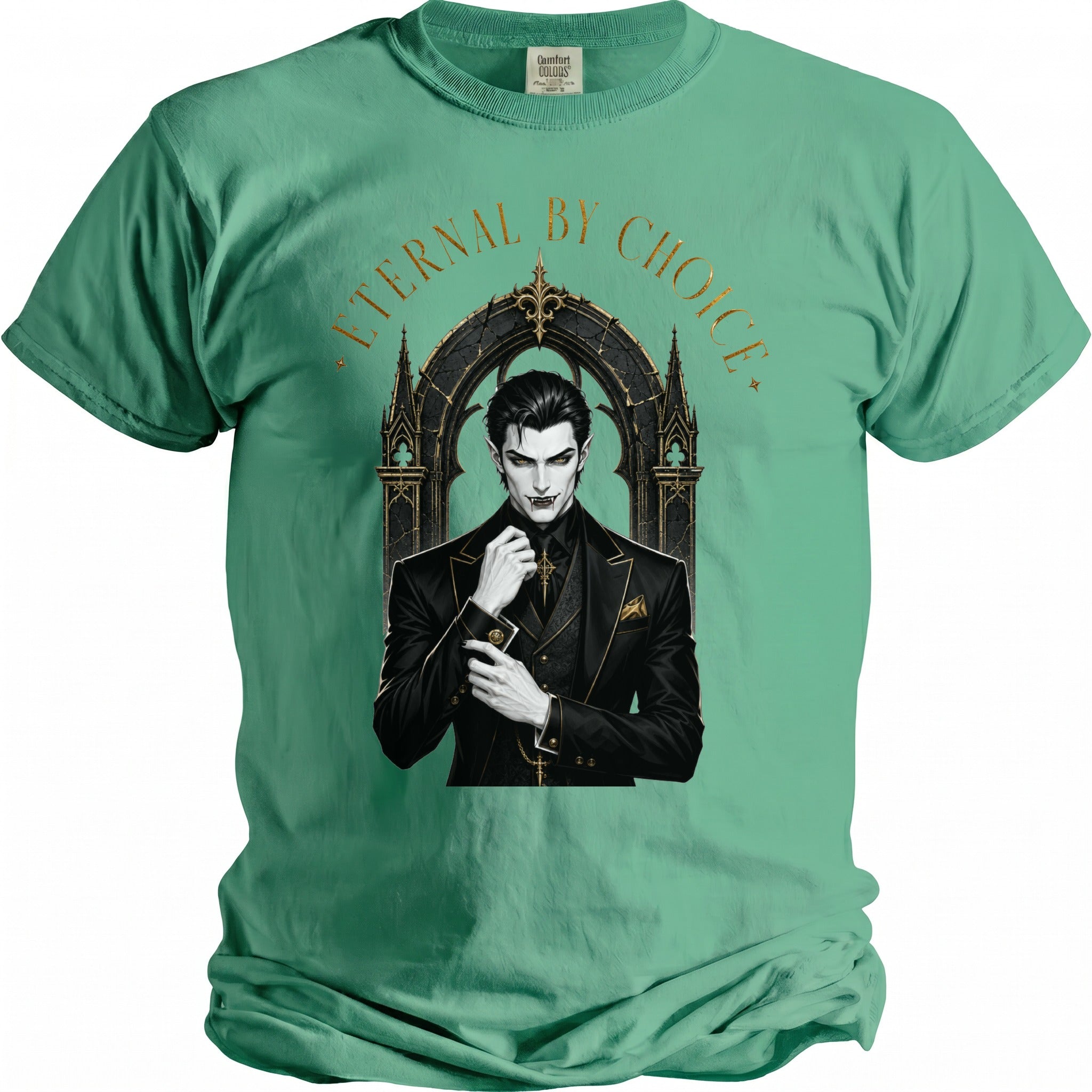 Green t-shirt with "ETERNAL BY CHOICE" text and a vampire graphic.