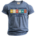 Blue t-shirt with "THE F NAL COUNTDOWN" and "MIKE'S BACH MALIBU, CA SUMMER 2026" on front.