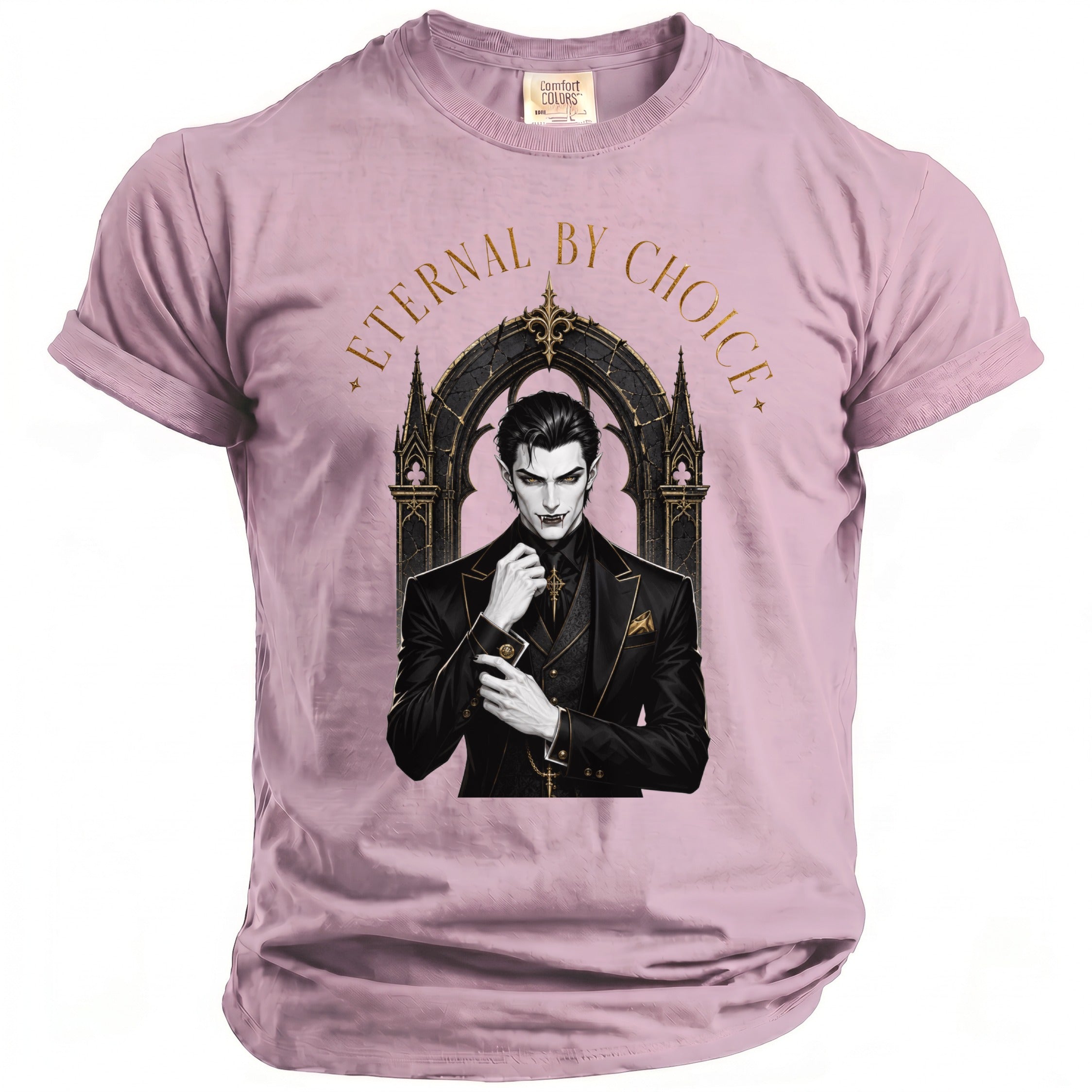 Pink t-shirt with a vampire graphic and text "Eternal by Choice".