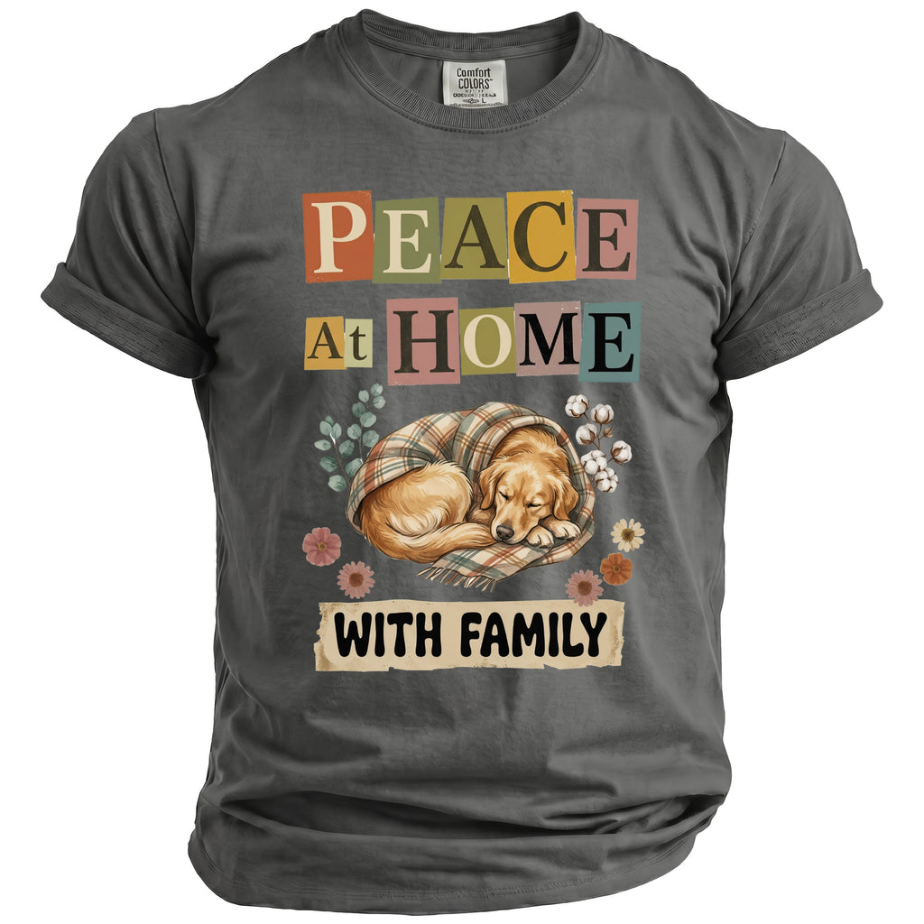 Gray t-shirt with a sleeping golden retriever wrapped in a plaid blanket and text.