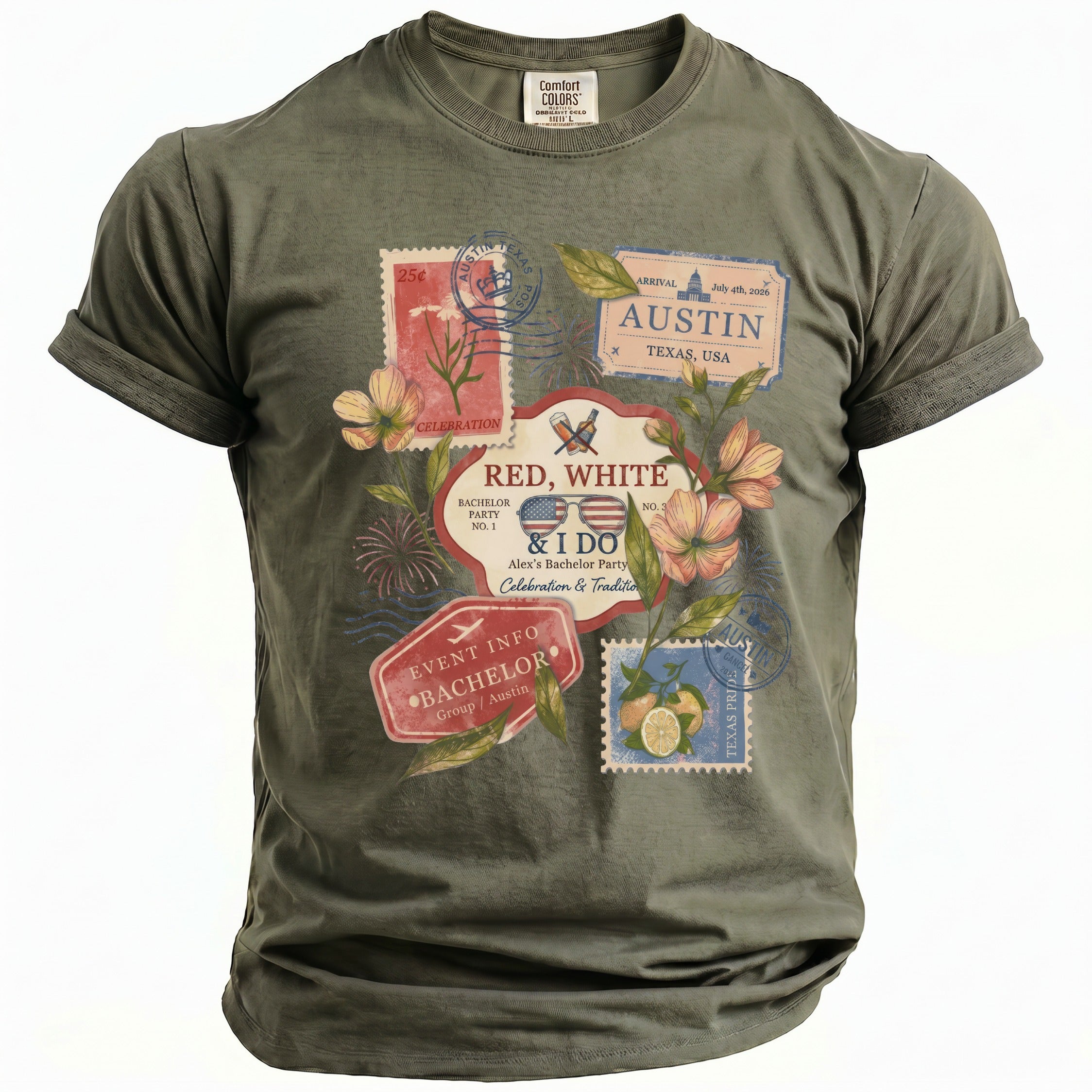 Green t-shirt with "Red, White & I Do" bachelor party design featuring stamps and flowers.