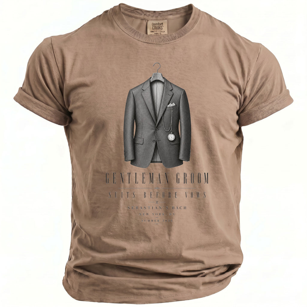 Brown t-shirt with graphic of a suit, pocket watch, and text "Gentleman Groom Suits Before Vows".