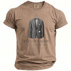 Brown t-shirt with graphic of a suit, pocket watch, and text "Gentleman Groom Suits Before Vows".