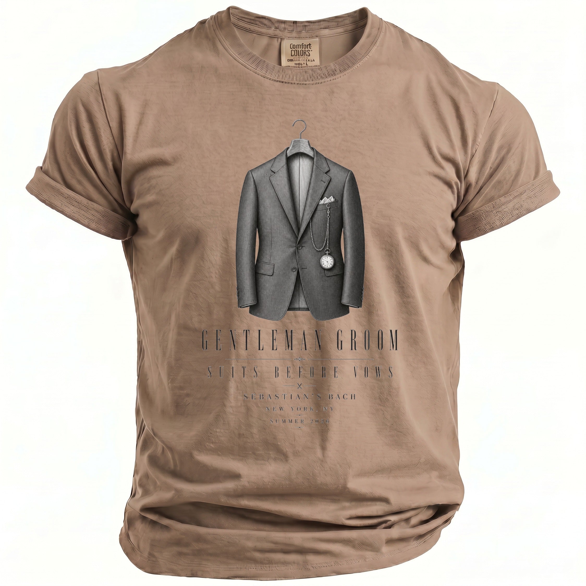 Brown t-shirt with graphic of a suit, pocket watch, and text "Gentleman Groom Suits Before Vows".