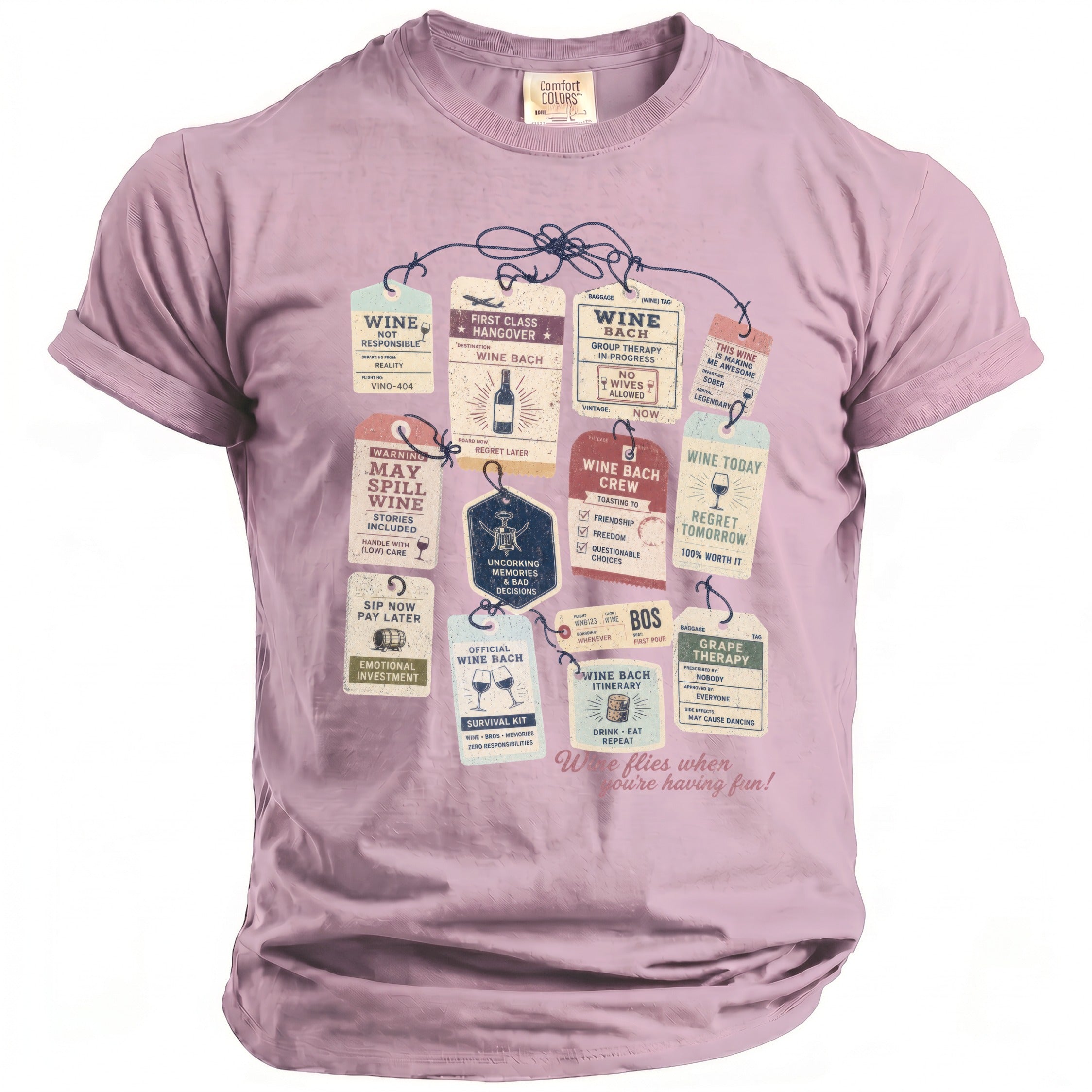 Purple t-shirt with a graphic of wine-themed luggage tags and the phrase "Wine flies when you're having fun!".