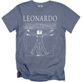 Blue t-shirt with "LEONARDO" and a white drawing of Vitruvian Man.