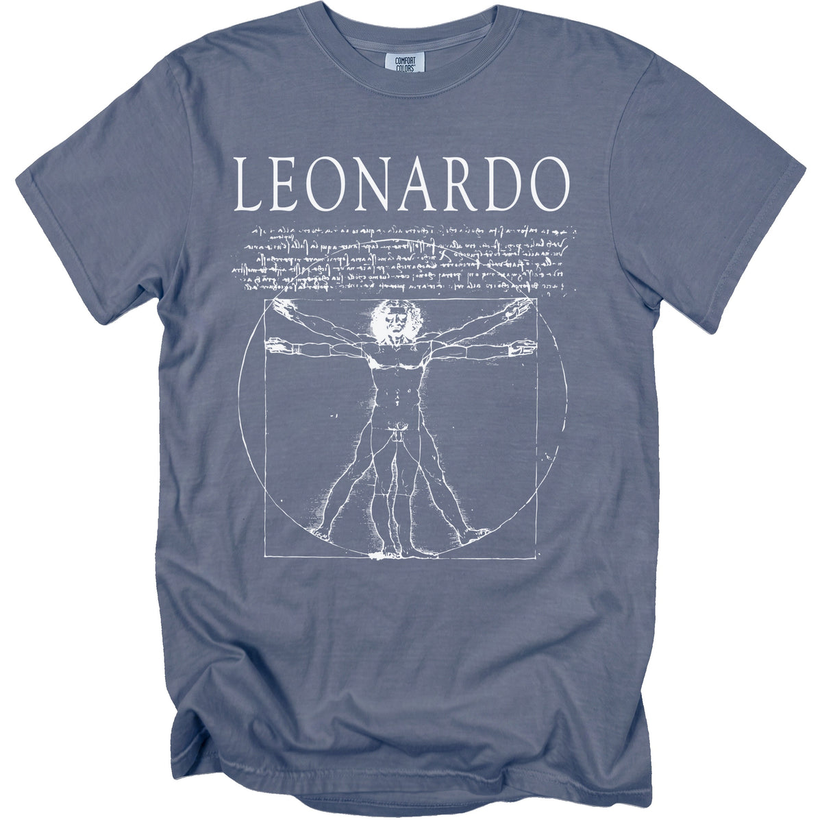 Blue t-shirt with "LEONARDO" and a white drawing of Vitruvian Man.