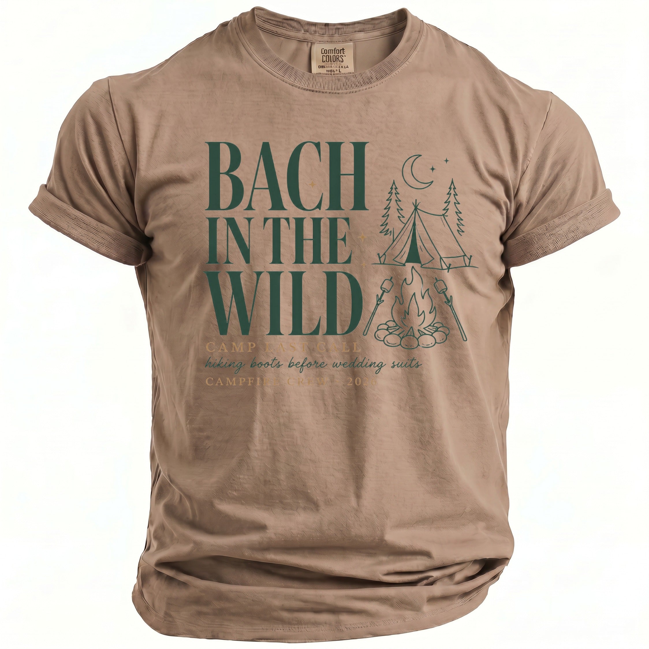 T-shirt with "Bach In The Wild" text and camping graphics.