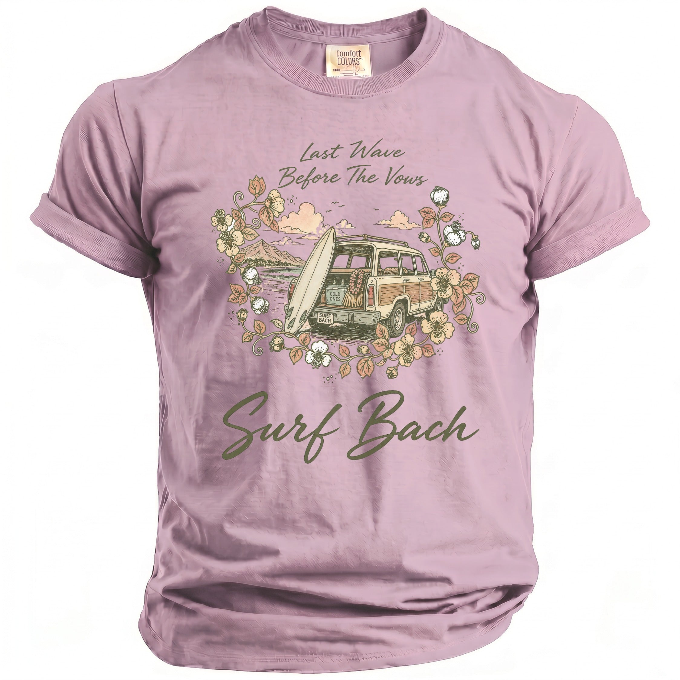 Purple t-shirt with "Last Wave Before The Vows" and "Surf Bach" text.