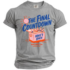 Grey t-shirt with "The Final Countdown" and a cooler with "Mike's Bach" text.