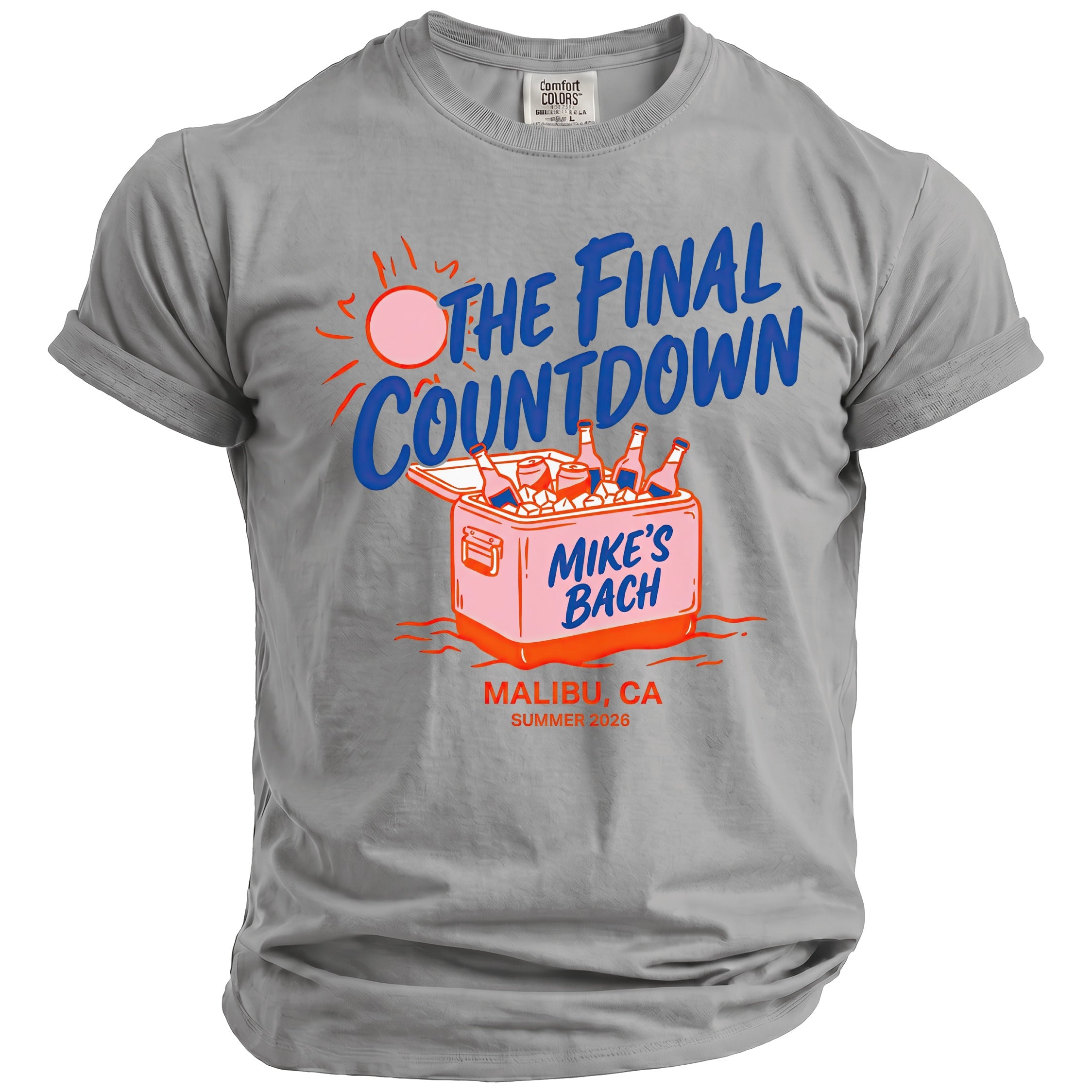 Grey t-shirt with "The Final Countdown" and a cooler with "Mike's Bach" text.