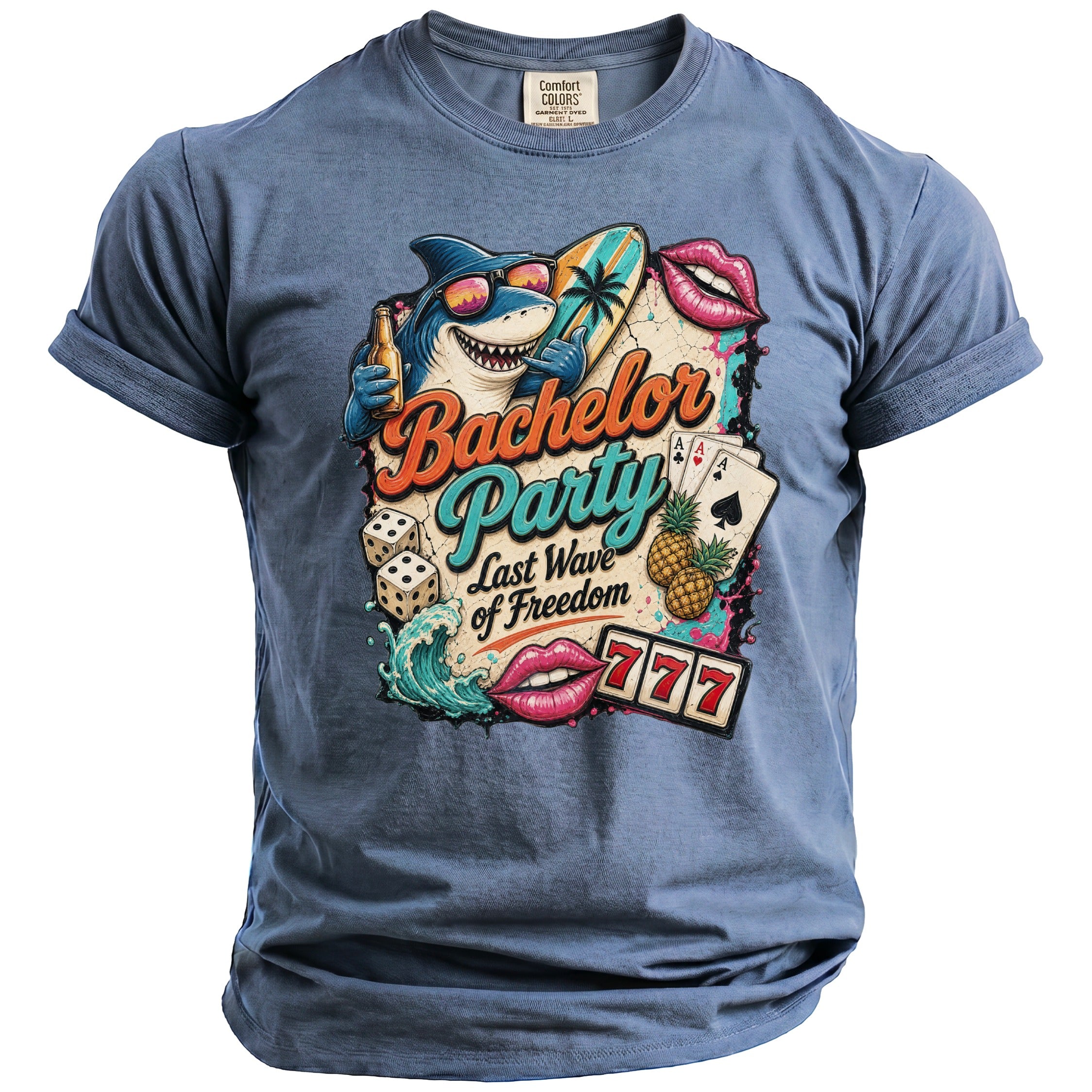 T-shirt with "Bachelor Party Last Wave of Freedom" graphic featuring shark, dice, cards, and lips.