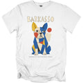 White t-shirt with abstract blue and yellow dog graphic and text "BARCASSO".