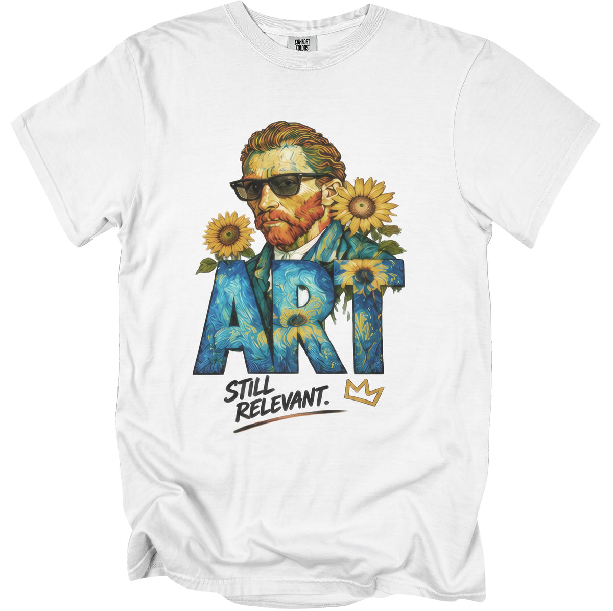 White t-shirt with graphic of Vincent van Gogh wearing sunglasses, sunflowers, and "ART STILL RELEVANT." text.