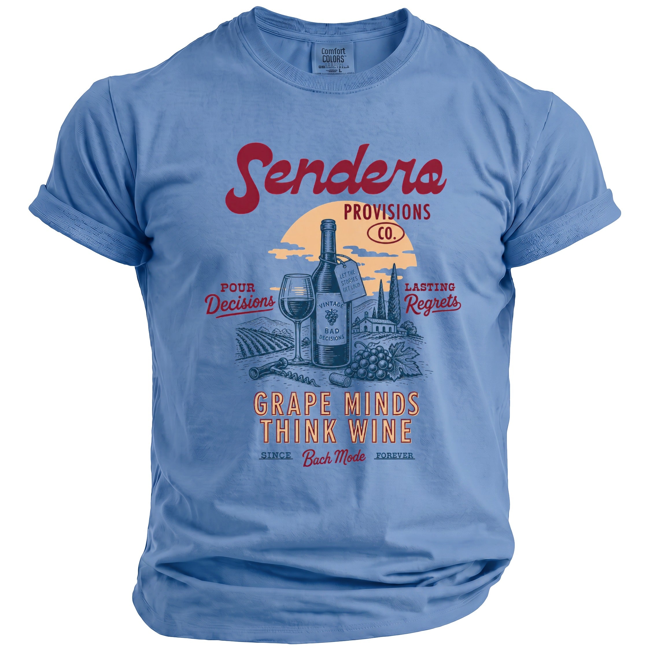 Blue t-shirt with "Sendera Provisions Co." and "Grape Minds Think Wine" graphic.