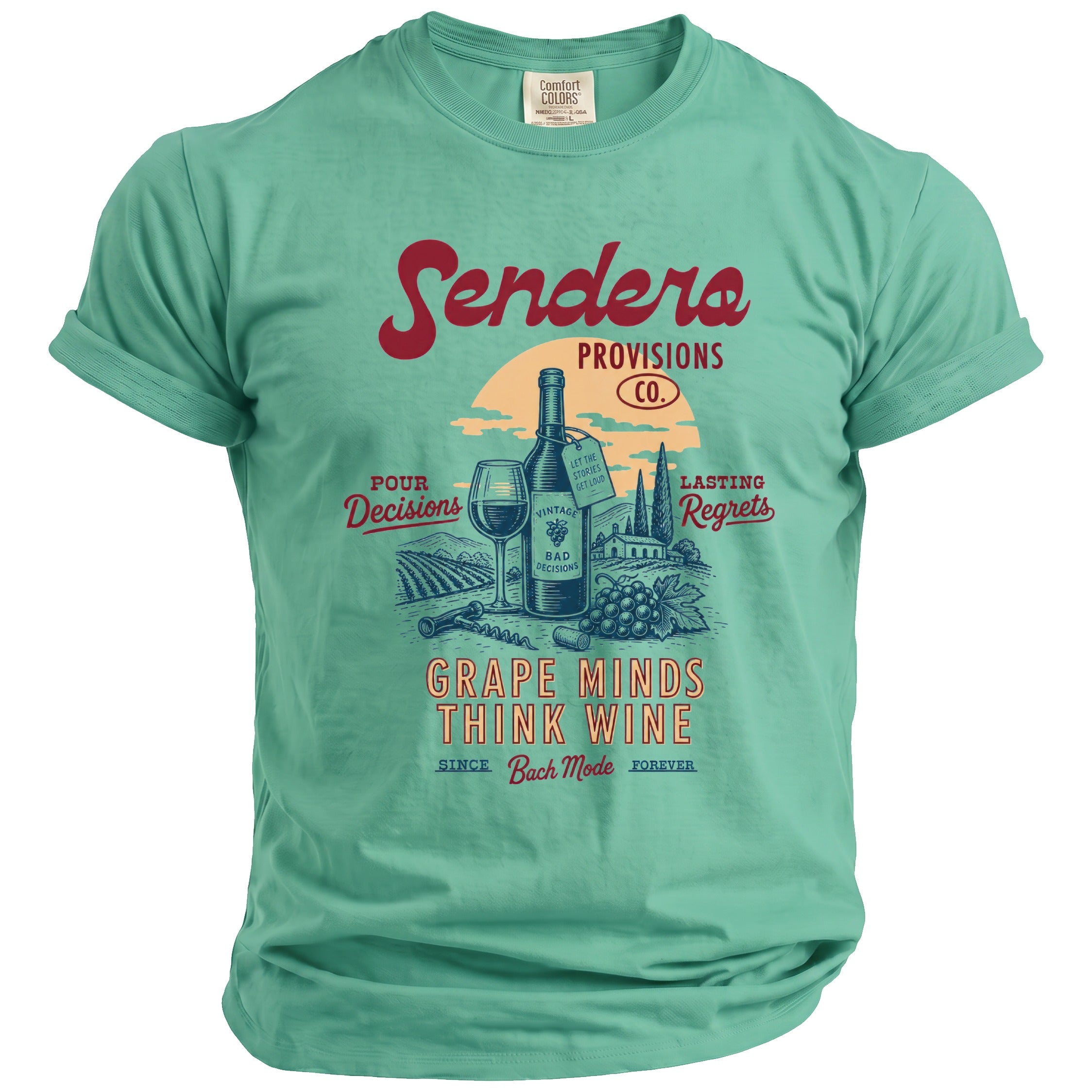 T-shirt with "Sendera Provisions Co." and "Grape Minds Think Wine" graphic.