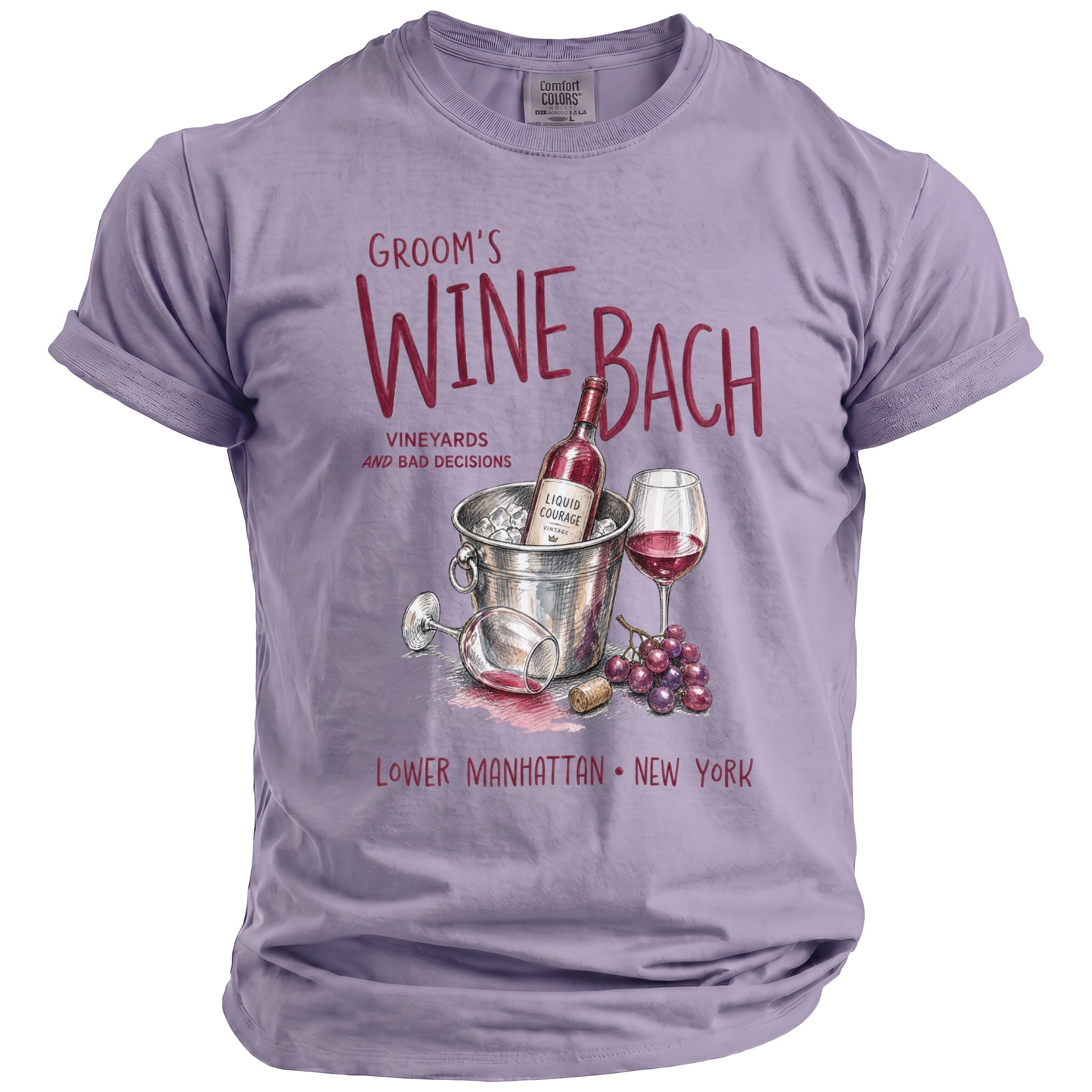Purple t-shirt with "Groom's Wine Bach" text, wine bottle, glasses, and grapes graphic.