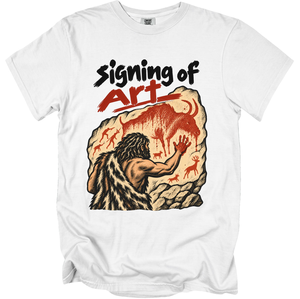 White t-shirt with "Signing of Art" and cave painting graphic.