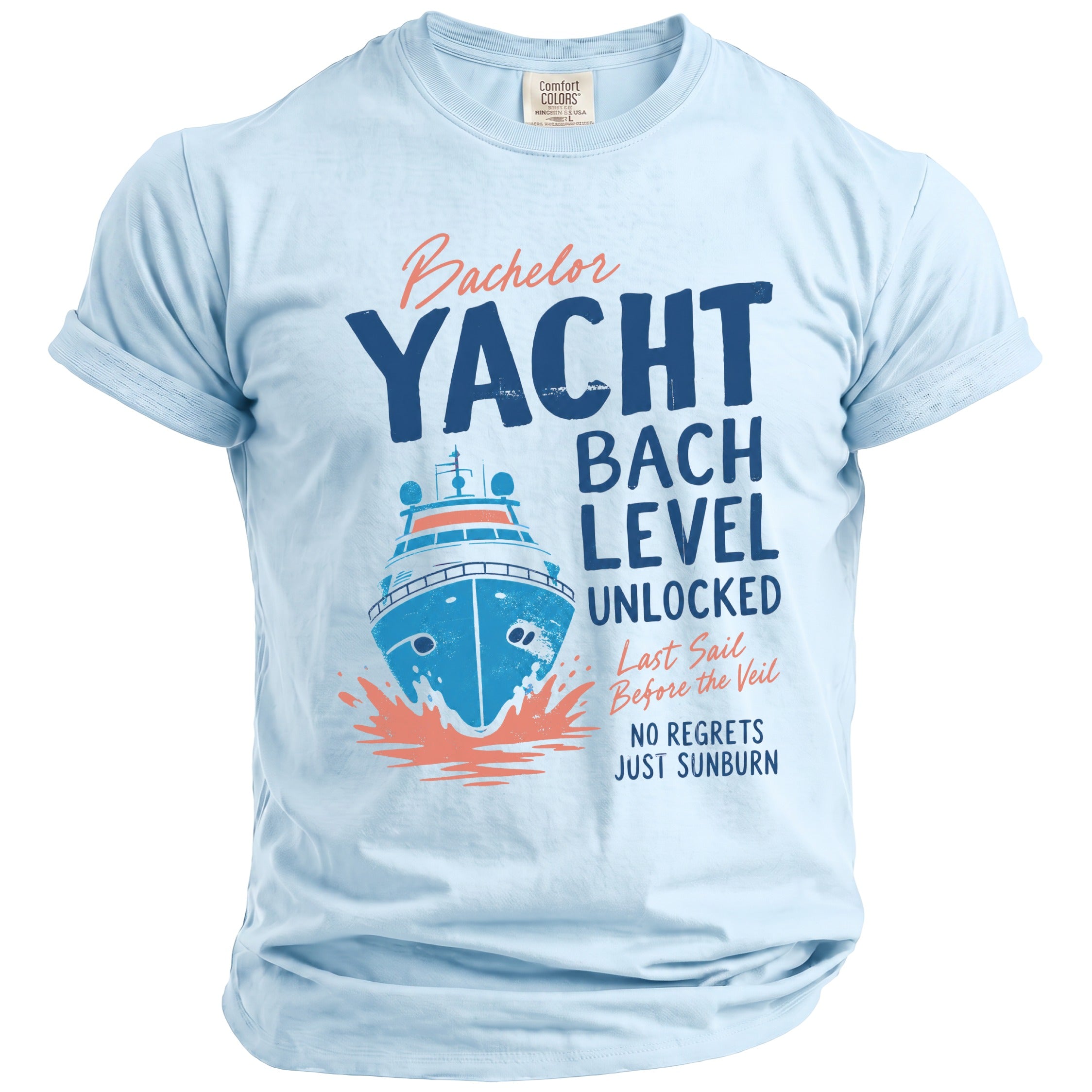 Light blue t-shirt with "Bachelor Yacht Bach Level Unlocked" text and boat graphic.
