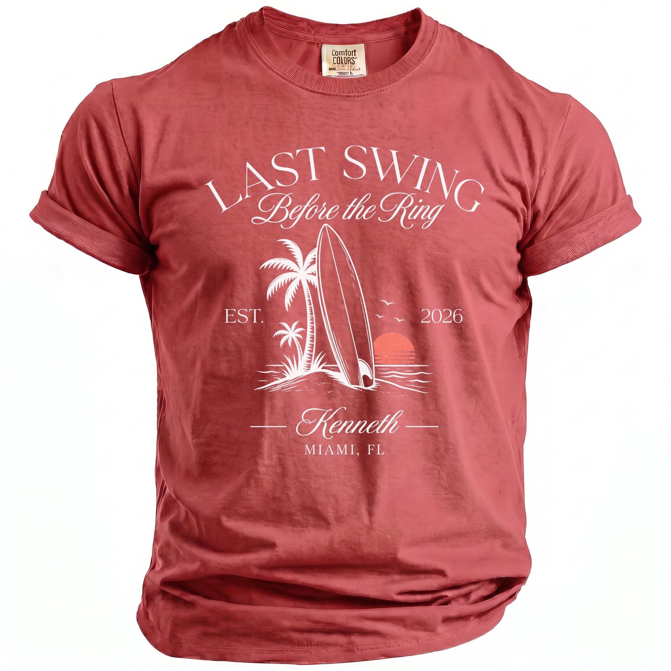 Red t-shirt with "Last Swing Before the Ring" graphic and "Kenneth Miami, FL".