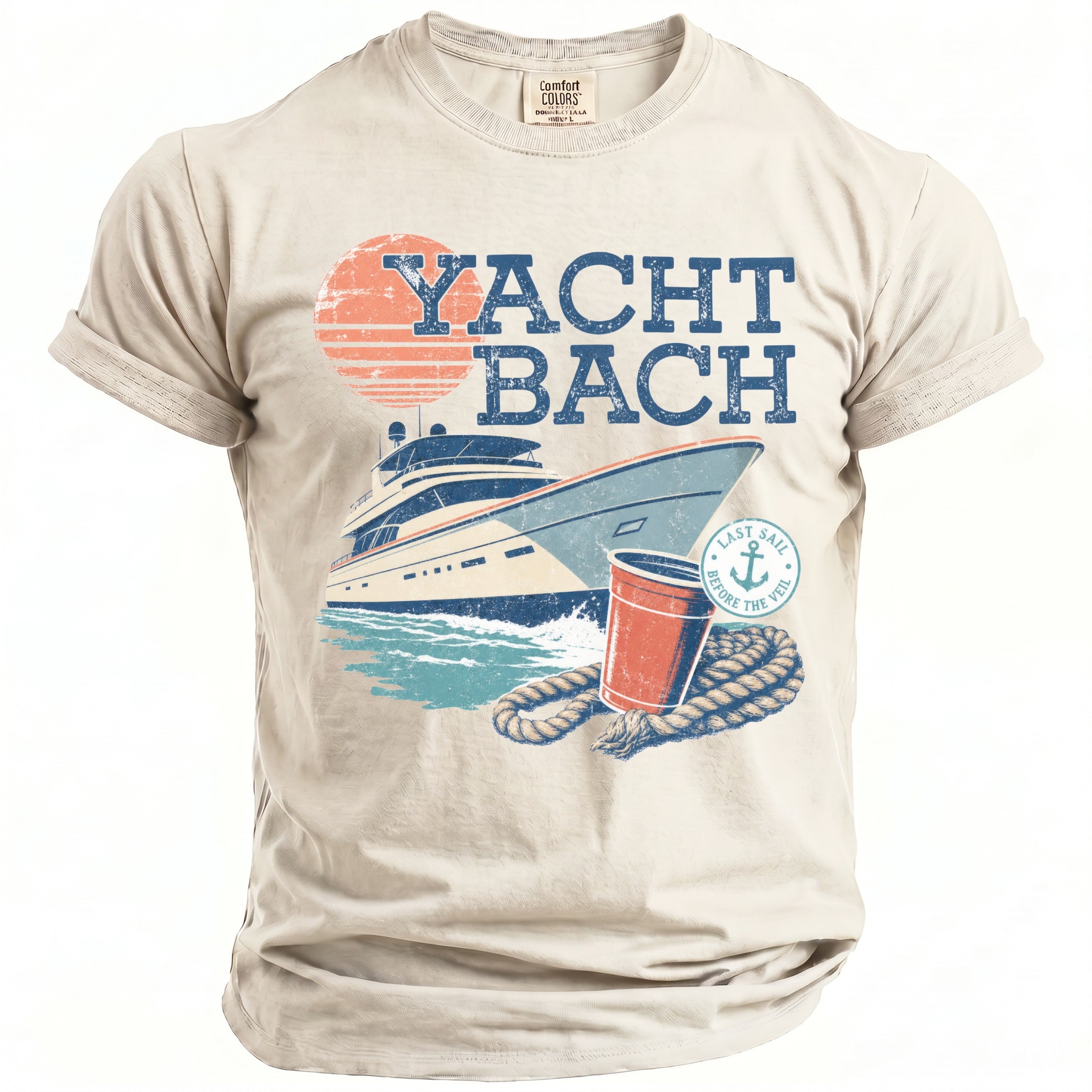 A cream crewneck t-shirt featuring a retro nautical design with a yacht, sunset, red cup, and text reading Yacht Bach.