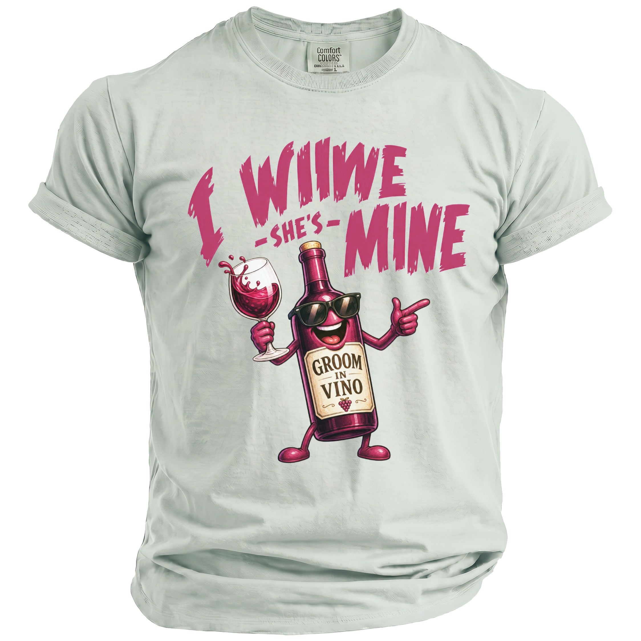 Light blue t-shirt with a cartoon wine bottle holding a wine glass, saying "I wiiwe -she's- mine".