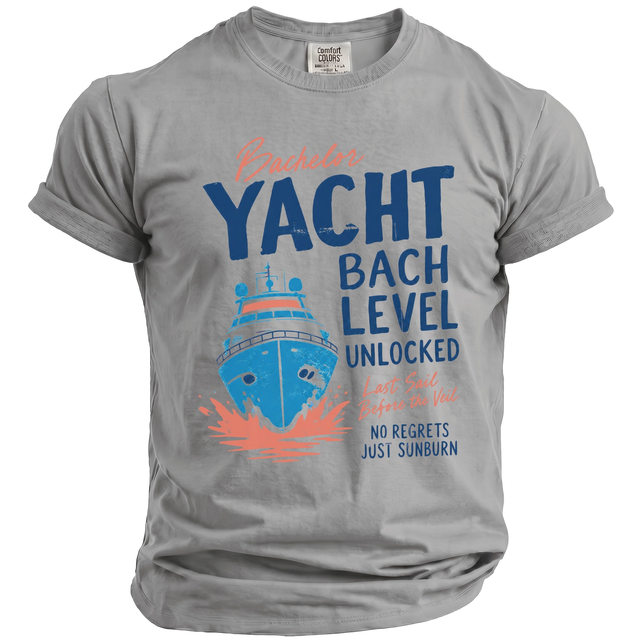Gray t-shirt with "Yacht Bach Level Unlocked" text and a boat graphic.