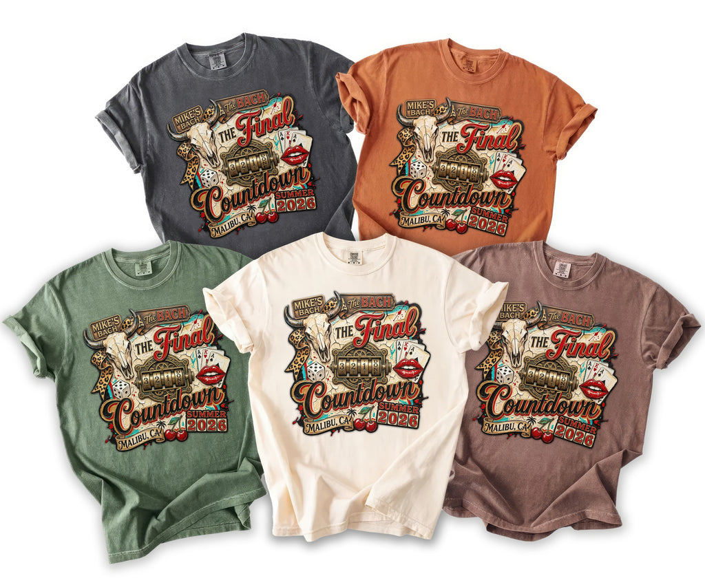 T-shirts with "The Final Countdown" graphic featuring a bull skull, dice, and cards.