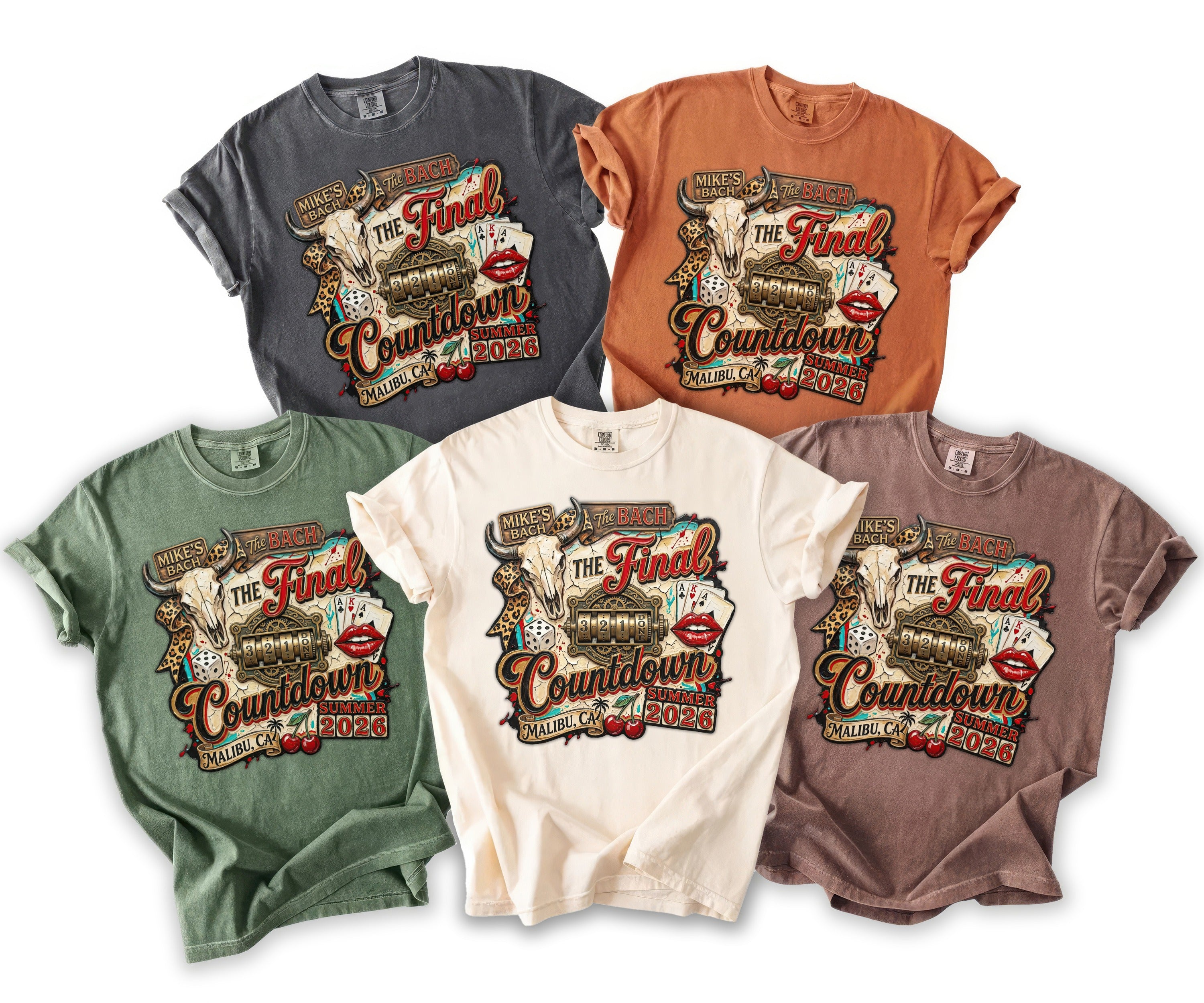 T-shirts with "The Final Countdown" graphic featuring a bull skull, dice, and cards.
