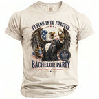 T-shirt with eagle holding beer, ring, and text "Flying Into Forever Bachelor Party".