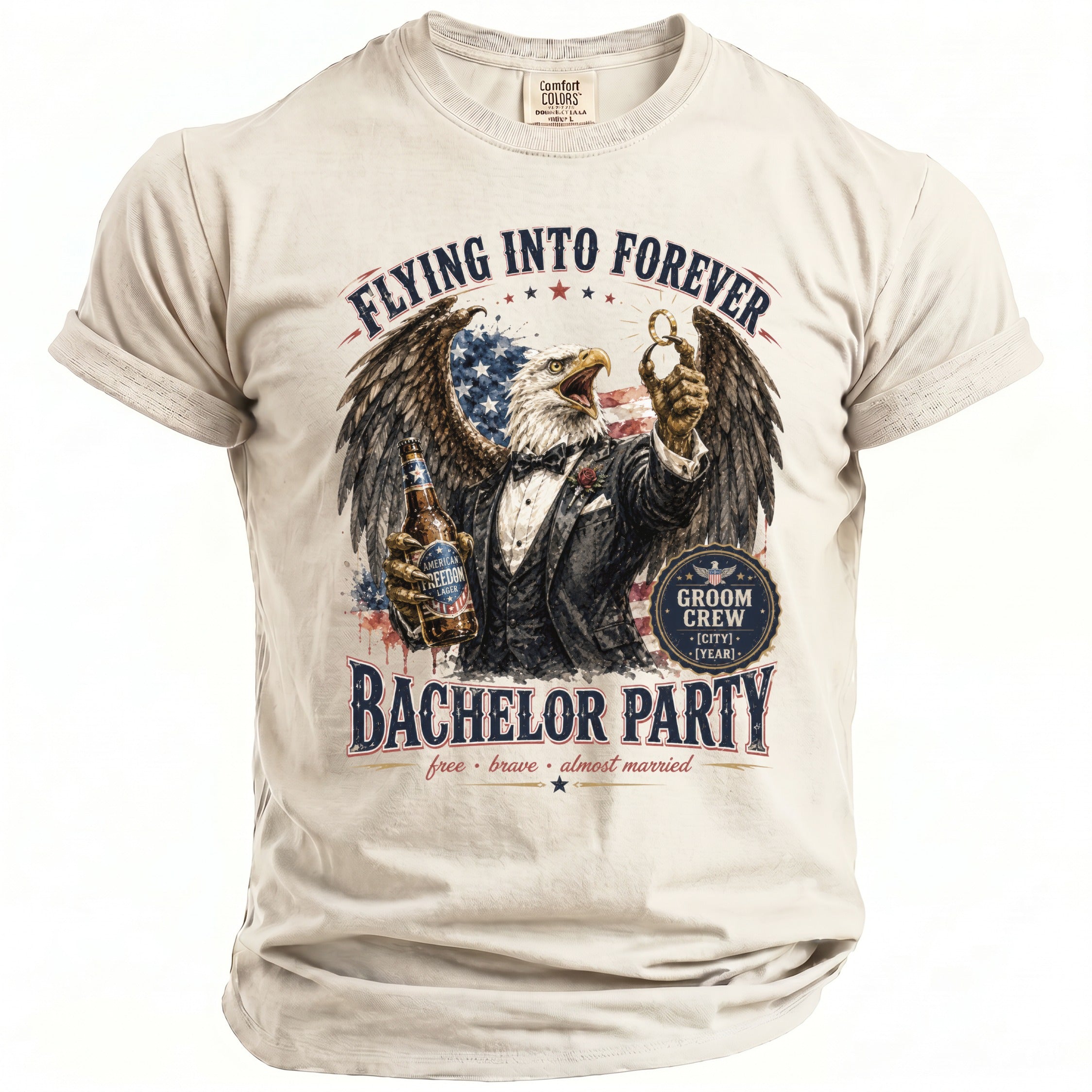 T-shirt with eagle holding beer, ring, and text "Flying Into Forever Bachelor Party".