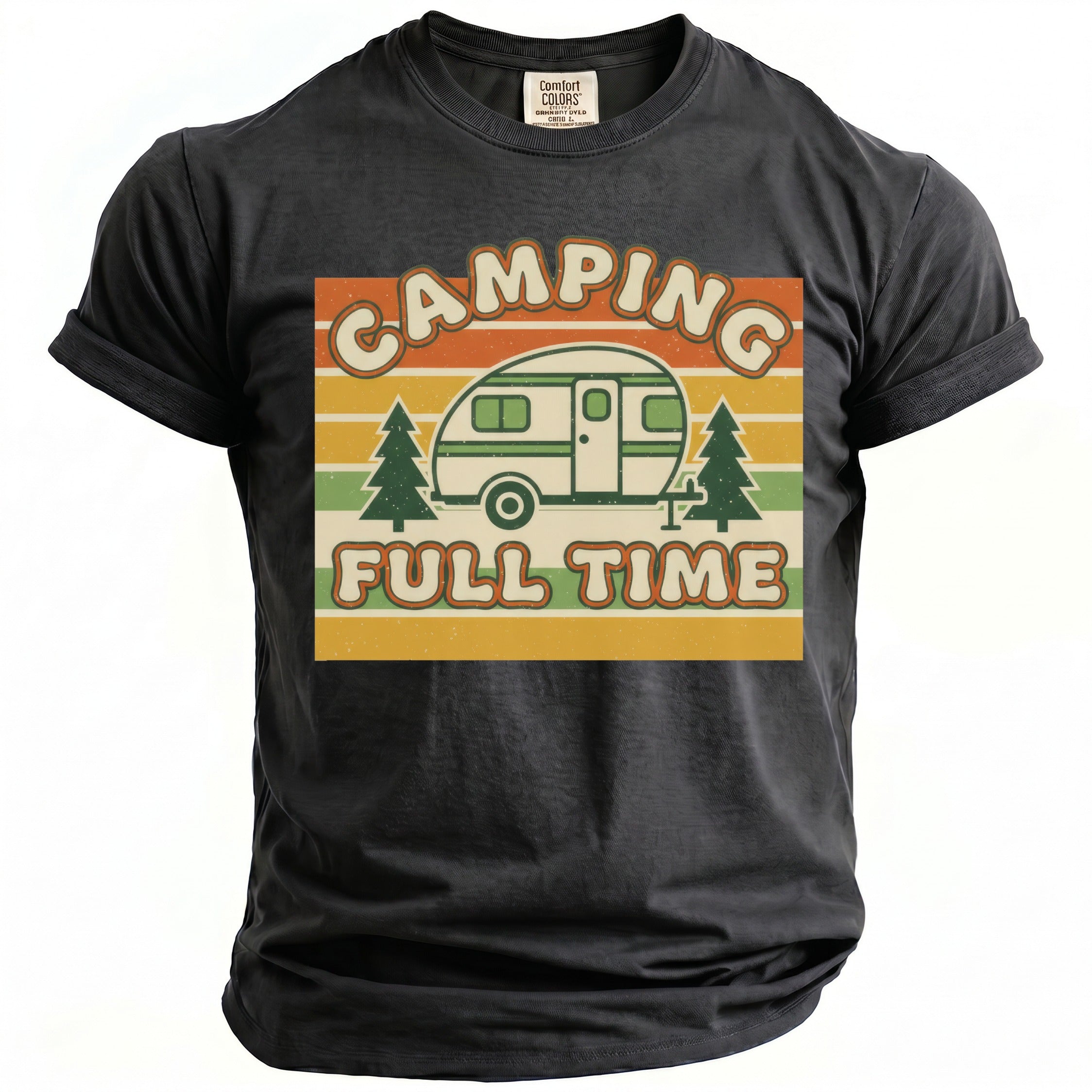 Black t-shirt with retro design of a camper, trees, and text "CAMPING FULL TIME".