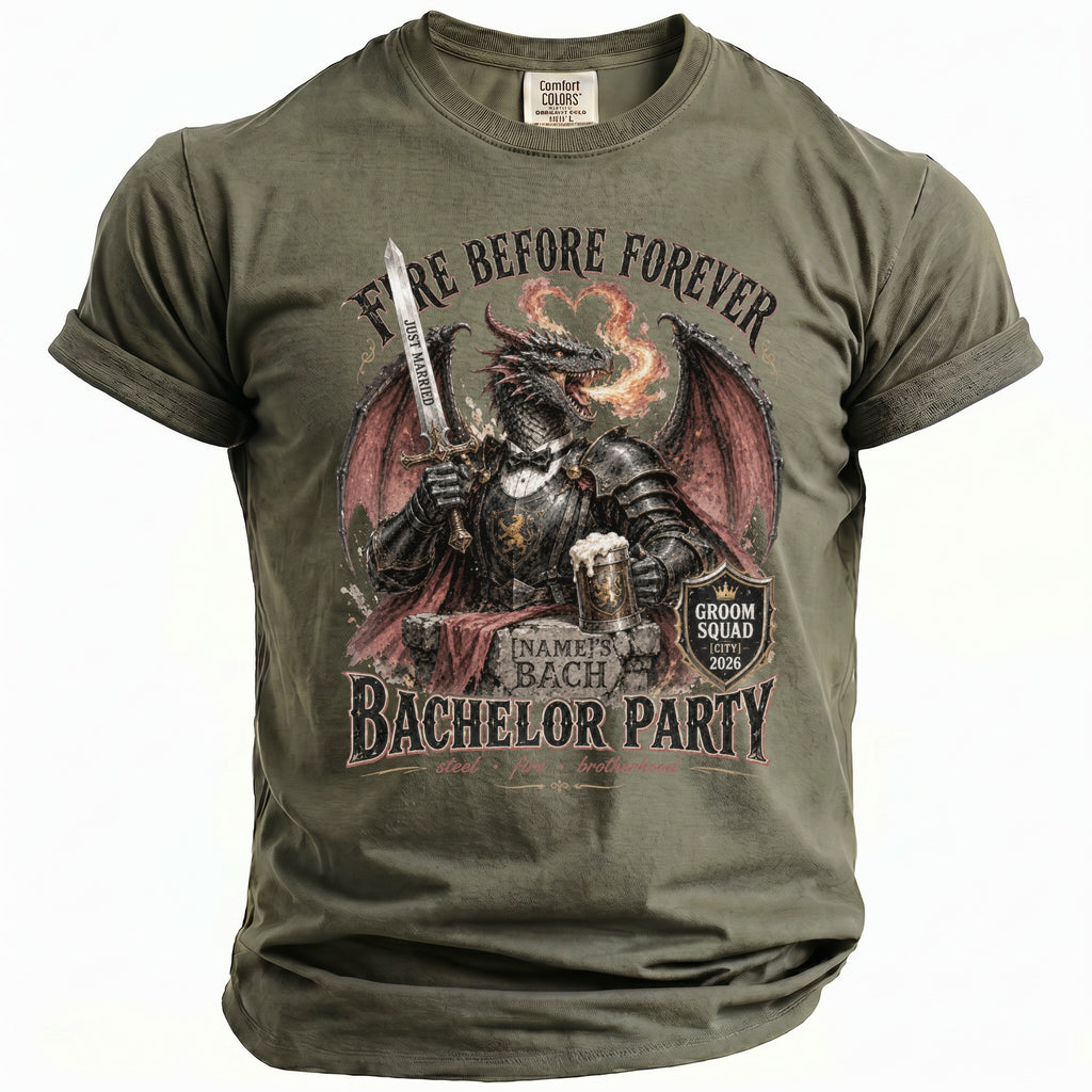 Green t-shirt with a dragon in armor holding a sword and beer for a bachelor party.