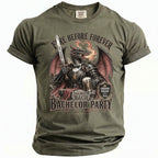 Green t-shirt with a dragon in armor holding a sword and beer for a bachelor party.