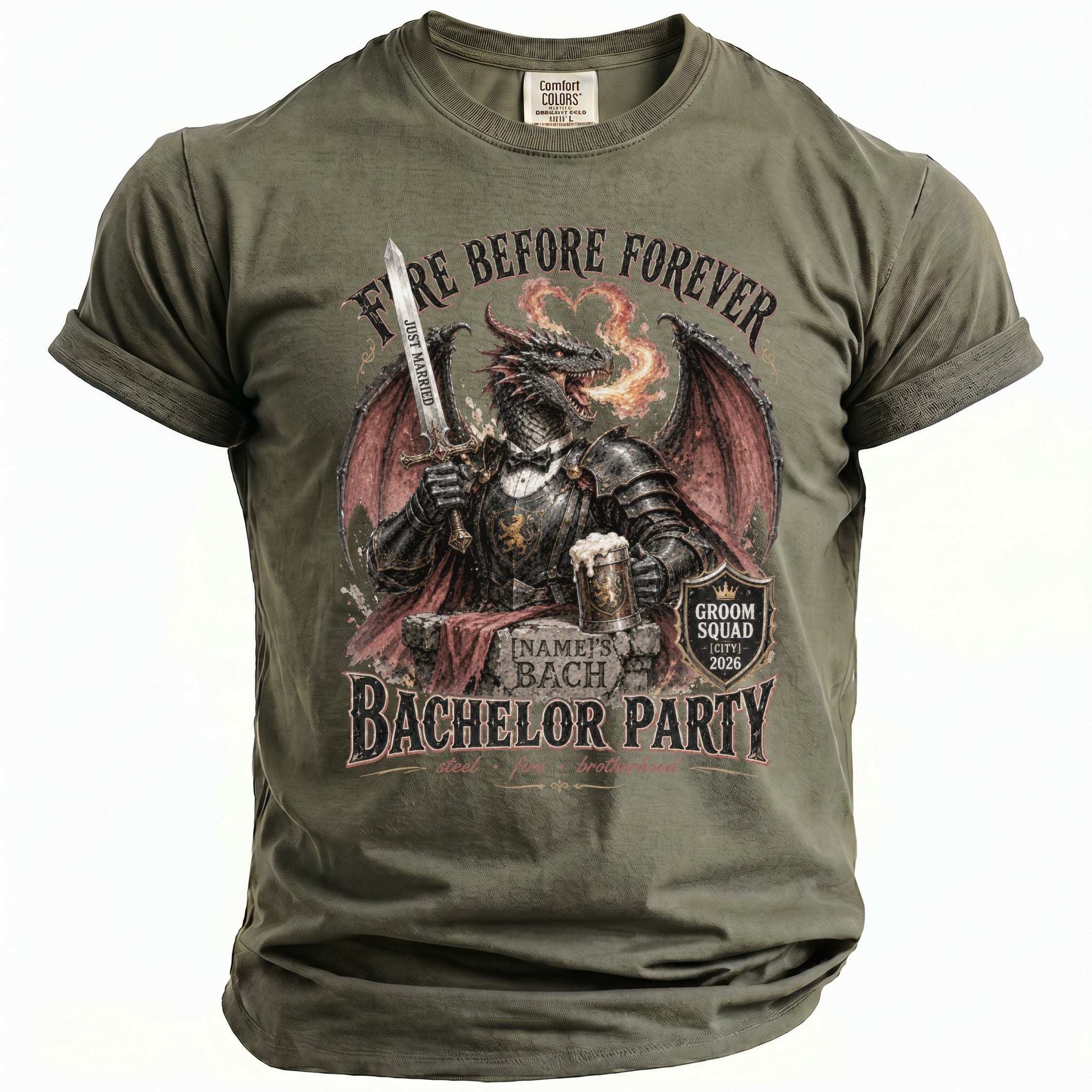 Green t-shirt with a dragon in armor holding a sword and beer for a bachelor party.