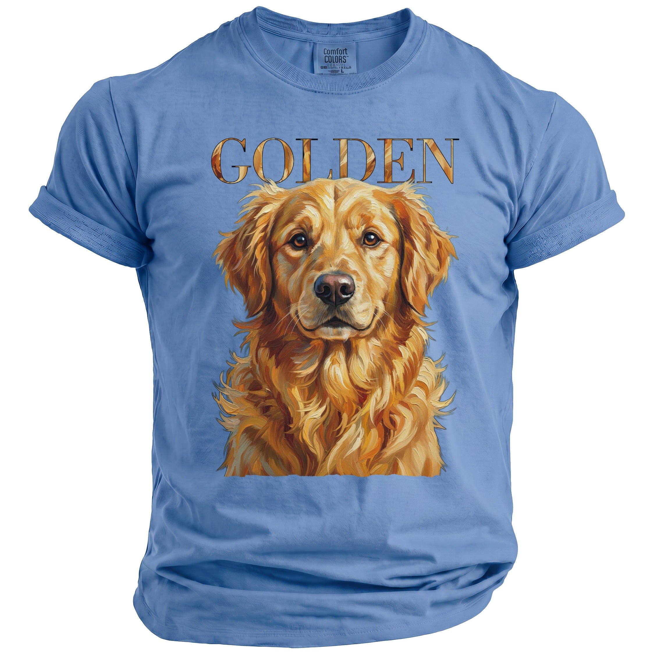 Blue t-shirt with "GOLDEN" text above a golden retriever portrait.