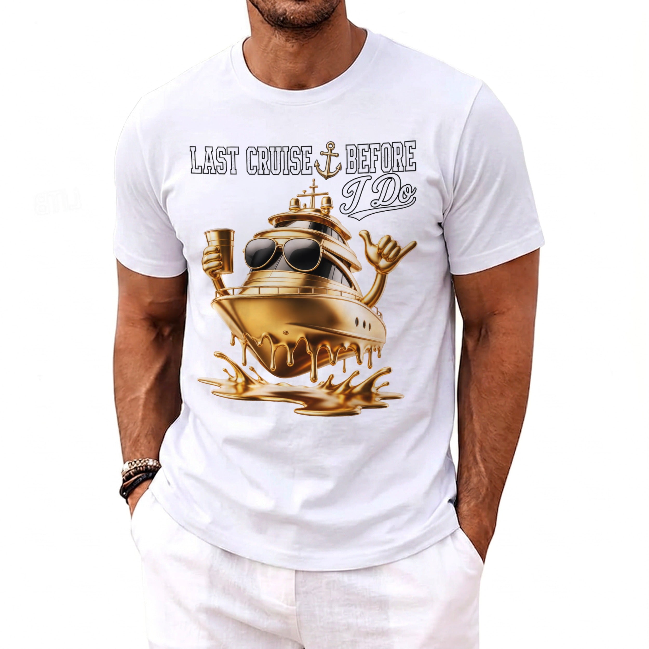 Gold yacht graphic with text "LAST CRUISE BEFORE I Do" on white t-shirt.
