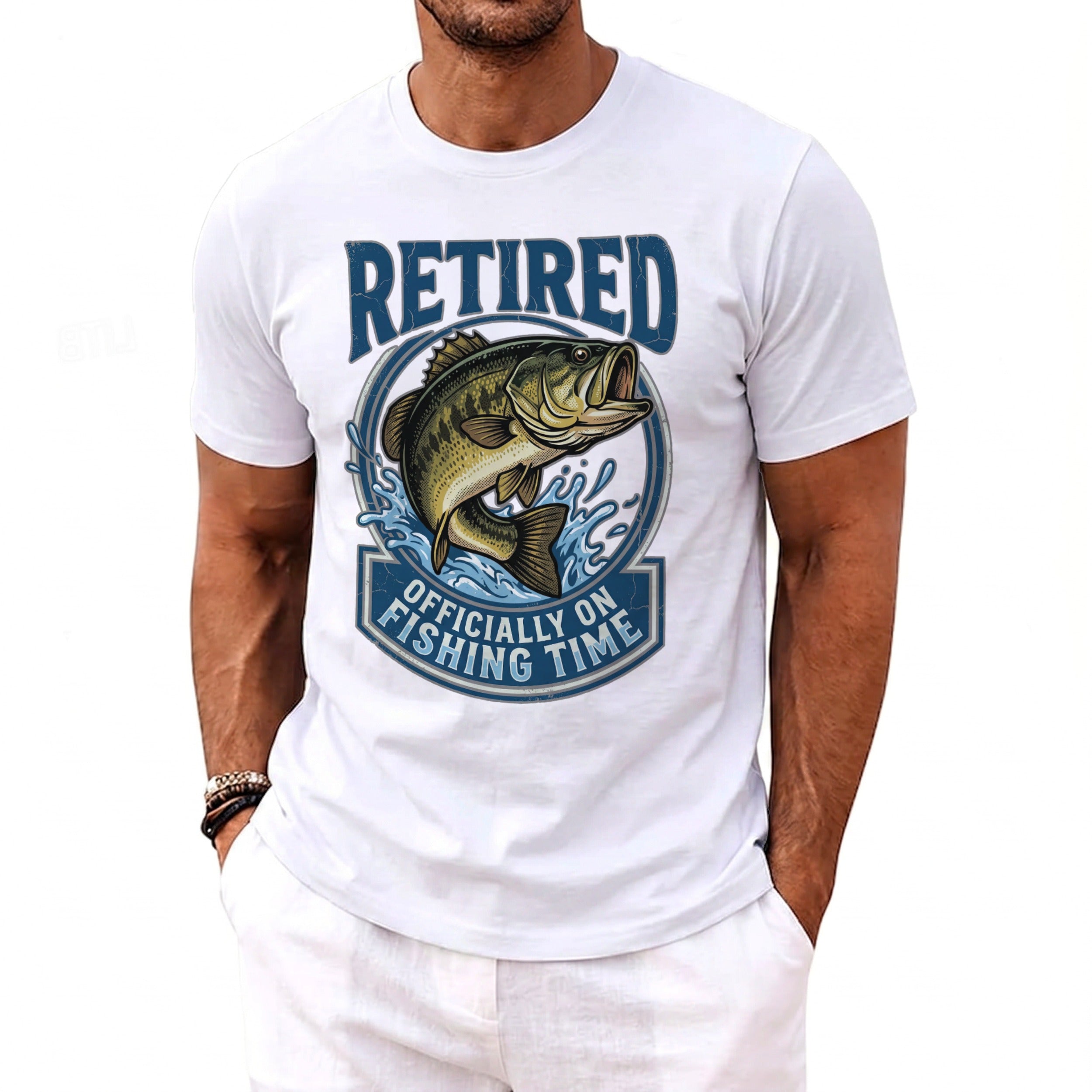 White t-shirt with "RETIRED" and a bass fish splashing, "OFFICIALLY ON FISHING TIME".