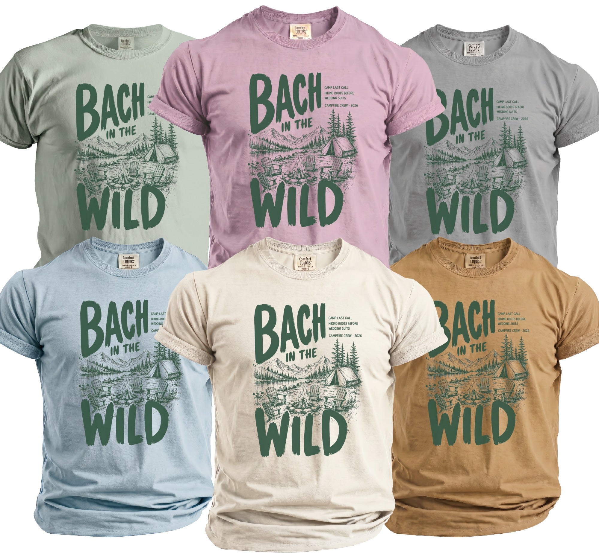 T-shirts with "Bach in the Wild" campsite graphic and text.