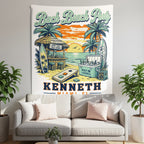 Beach scene tapestry with "Bach Beach Party" text and "Kenneth Miami FL" personalization.