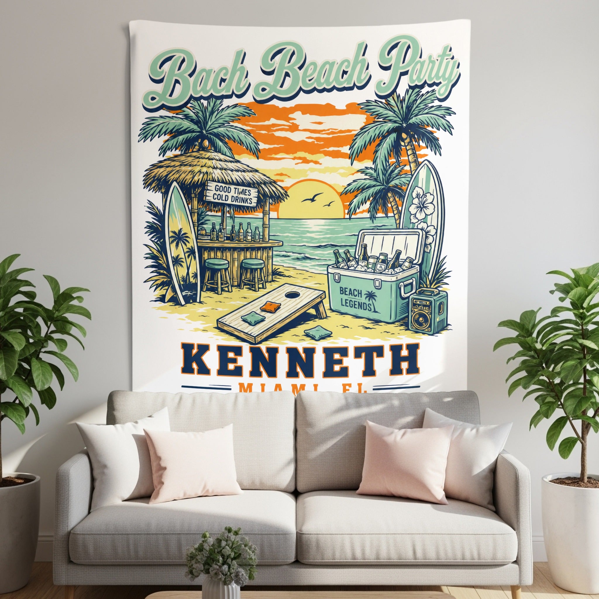 Beach scene tapestry with "Bach Beach Party" text and "Kenneth Miami FL" personalization.