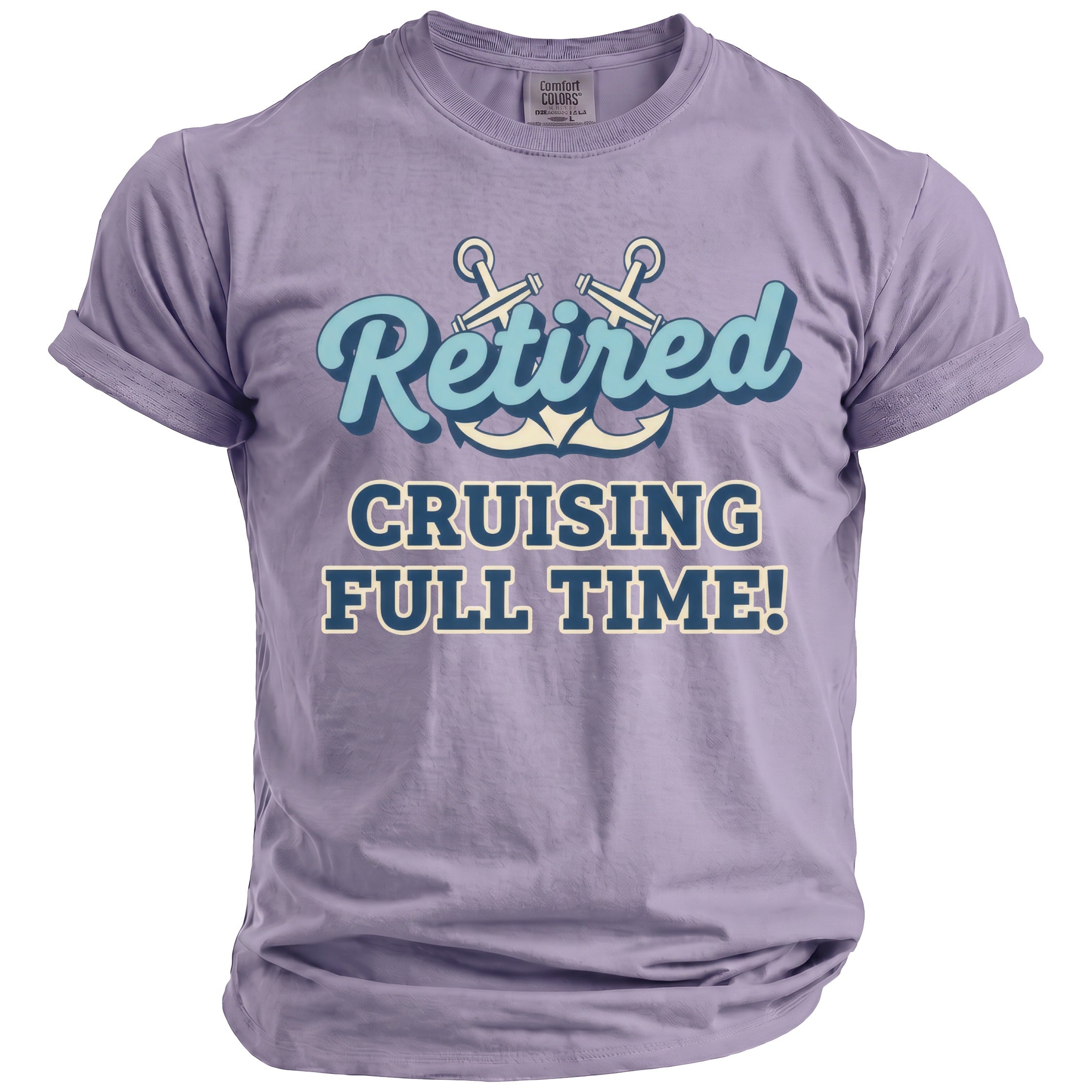 Purple t-shirt with "Retired Cruising Full Time!" text and anchor graphics.